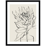 Framed SB Protea Sketch No.
1 wall art print showing detailed sumi-style protea flower drawing in white mat and woodgrain stripe mocha frame