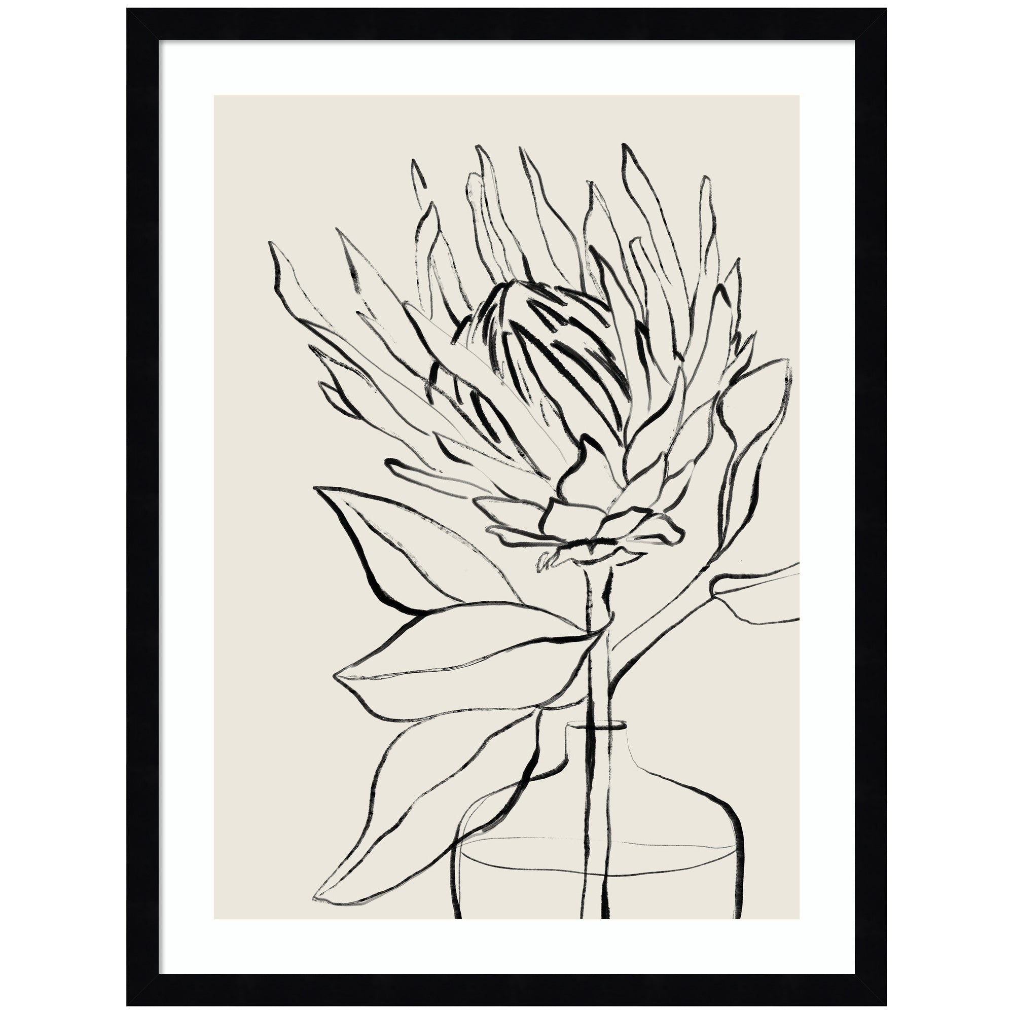 Framed SB Protea Sketch No.
1 wall art print showing detailed sumi-style protea flower drawing in white mat and woodgrain stripe mocha frame