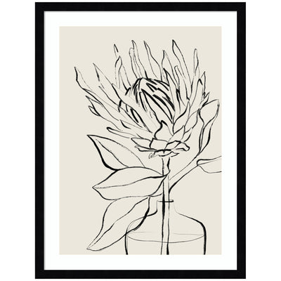Framed SB Protea Sketch No.
1 wall art print showing detailed sumi-style protea flower drawing in white mat and woodgrain stripe mocha frame