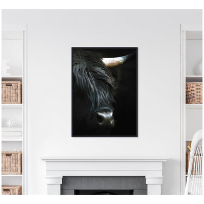Minimalist Black Highland Cow Closeby Michael Schauer Framed Canvas Wall Art Print