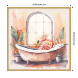 Pastel watercolor painting of a pink flamingo resting inside a vintage clawfoot bathtub, flanked by two potted tropical plants under a large arched window.