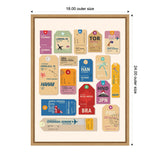 Framed canvas print displaying colorful vintage-style travel tags with city names like Istanbul, London, Tokyo, and others against a beige background, measuring 18 by 24 inches.