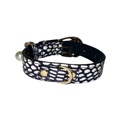 XS 7”-14” White & Navy Polka Dot Snake Collar with Custom Gold Italian Hardware, Swarovski Crystal Charm & Pearl