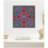 Symmetrical canvas artwork featuring vibrant red poppies and swirling green and blue foliage on a deep blue background, framed with a patterned border.