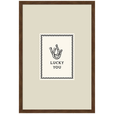 Framed Lucky You Checkerboard Print with hand drawn western horseshoe art in Carlisle Brown Narrow frame