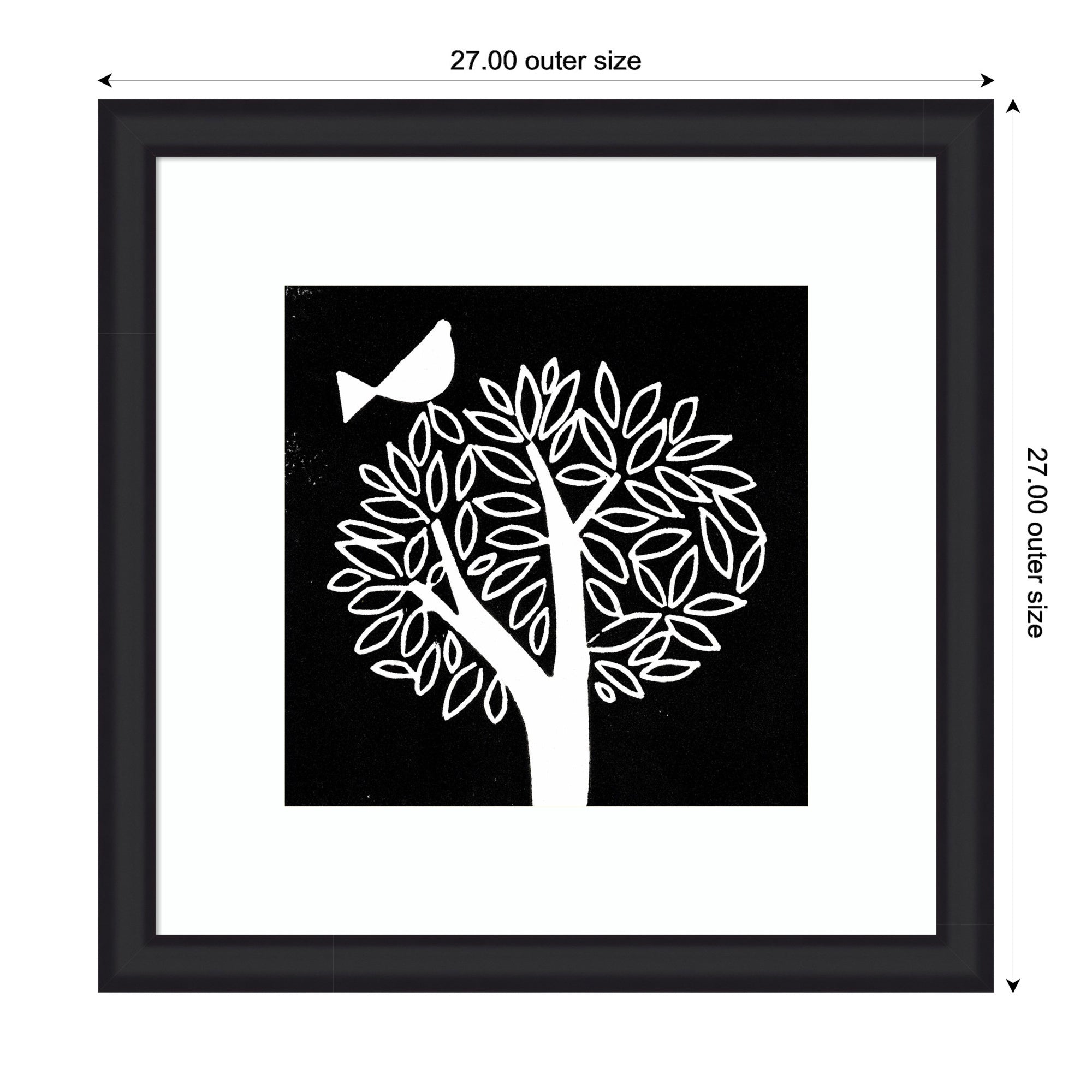 Framed Art Black and White Bird Tree Linocut by Giuliana Lazzerini