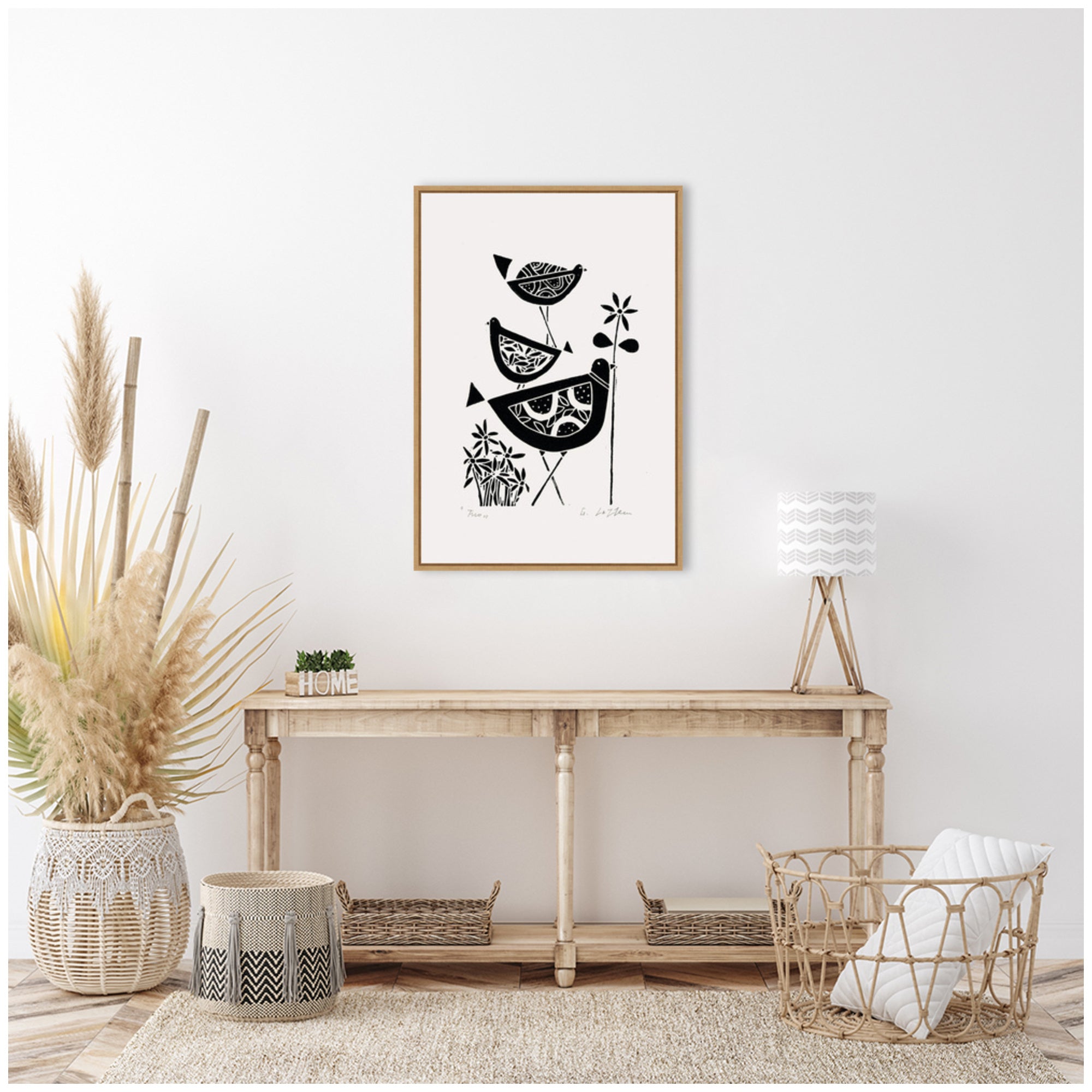 Sylvie Folk Bird Family Trio Linocut Framed Canvas by Giuliana Lazzerini
