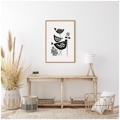 Sylvie Folk Bird Family Trio Linocut Framed Canvas by Giuliana Lazzerini