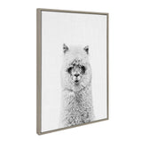 Framed black and white portrait of a fluffy alpaca with a neutral expression on a plain white background.