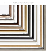 Various rectangular frame samples arranged in nested layers showing colors and finishes including beaded gold and white, walnut, gold, bright gold, dark gray, black, white, natural, and graywash.
