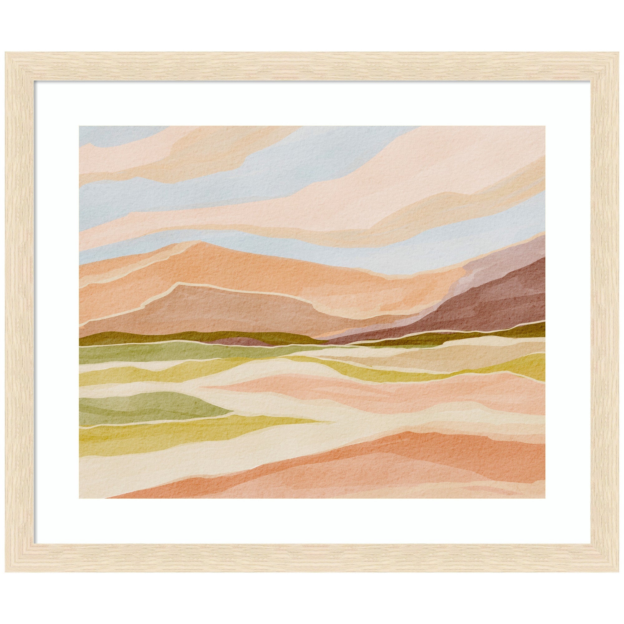Framed Art Desert Dreams by Nikita Jariwala showing abstract desert landscape with soft pastel colors and flowing lines in Woodgrain Stripe Blonde frame