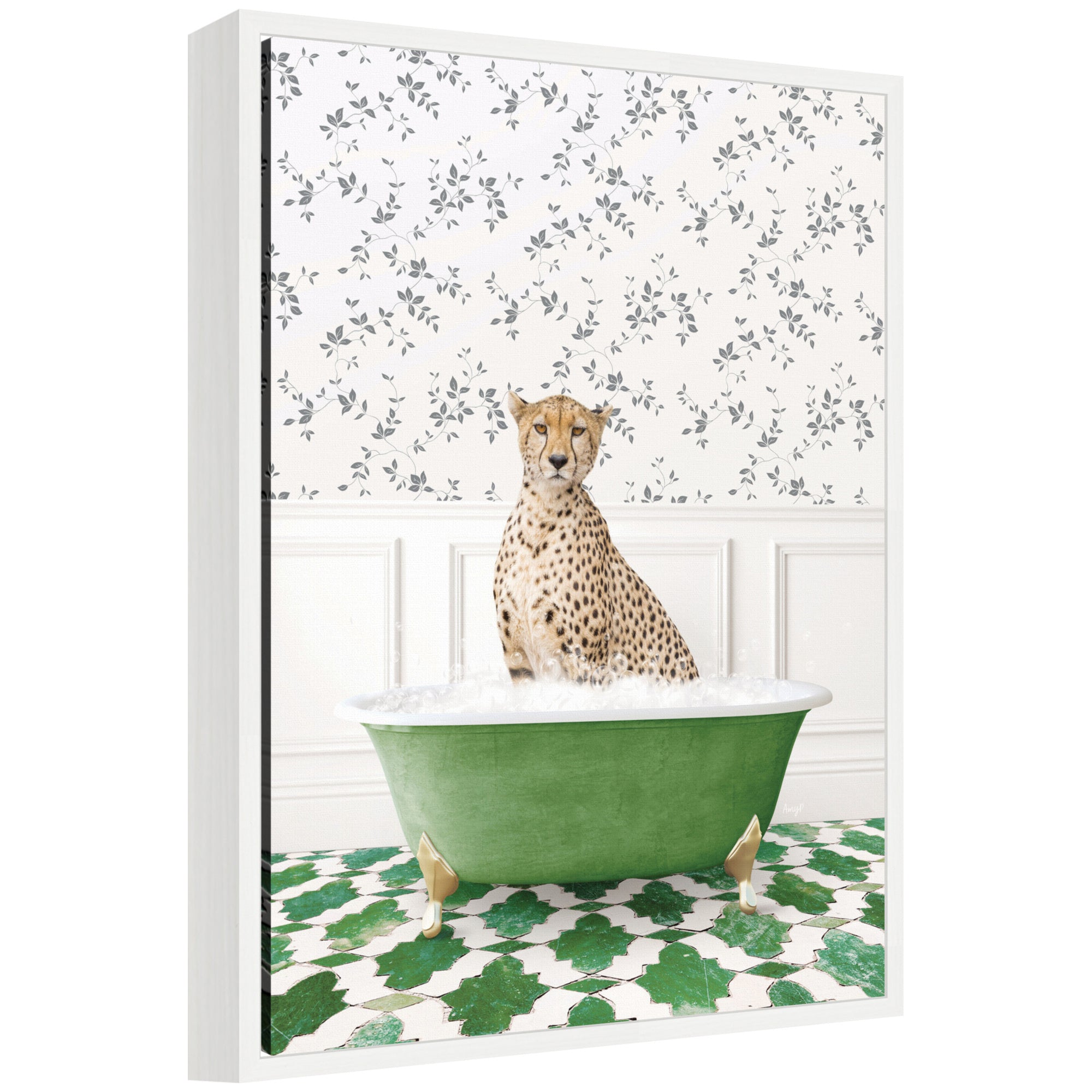 Sylvie Cheetah in Eclectic Green Bathtub framed canvas artwork by Amy Peterson