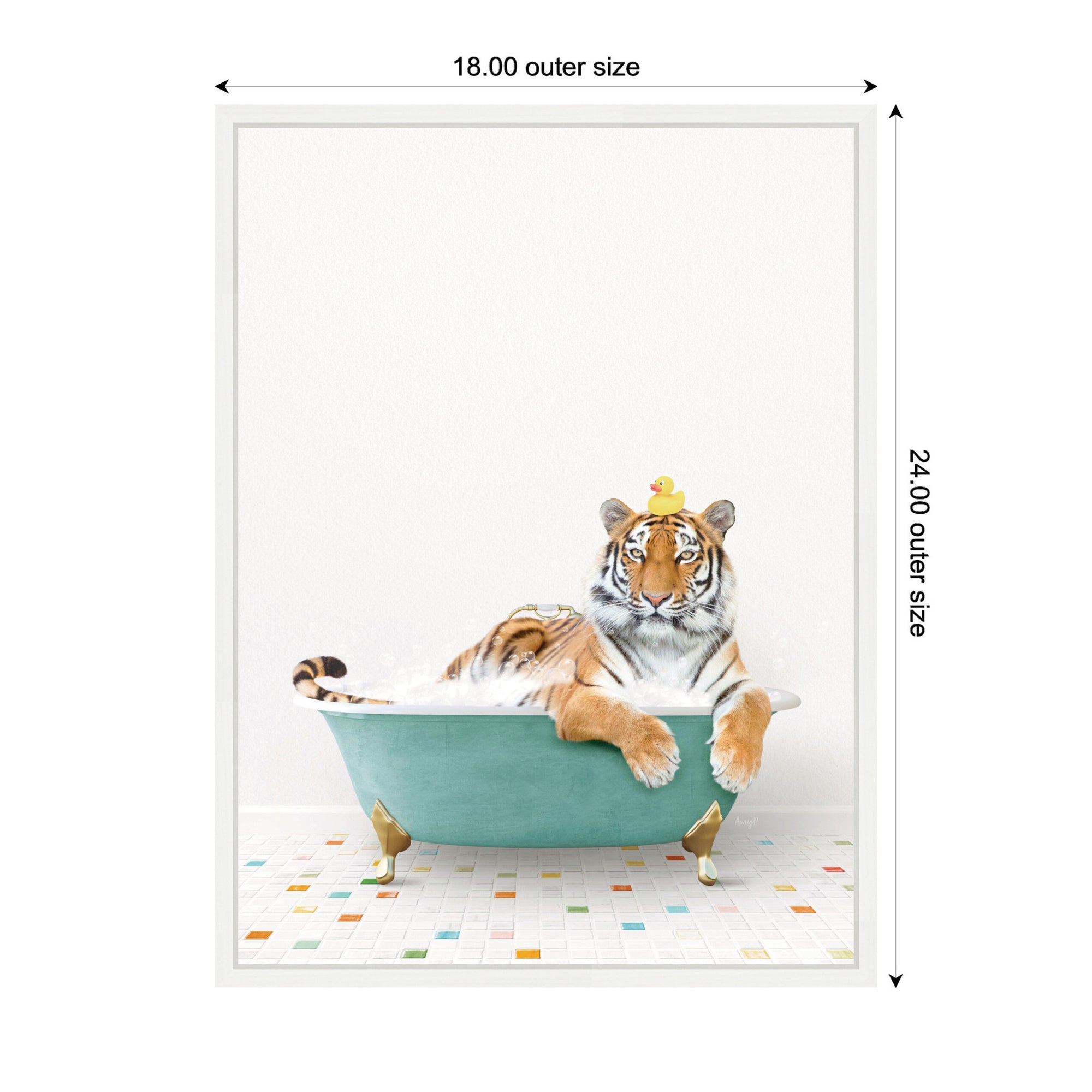 Sylvie Tiger in Teal Bathtub on Colored Tile Framed Canvas by Amy Peterson