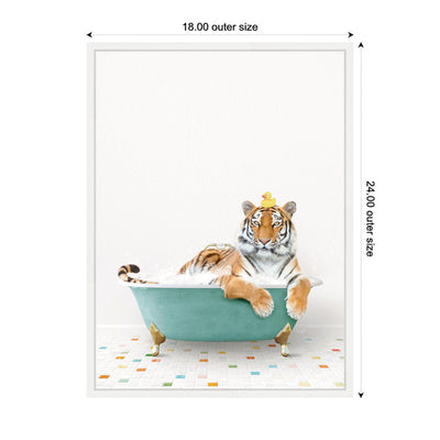 Sylvie Tiger in Teal Bathtub on Colored Tile Framed Canvas by Amy Peterson