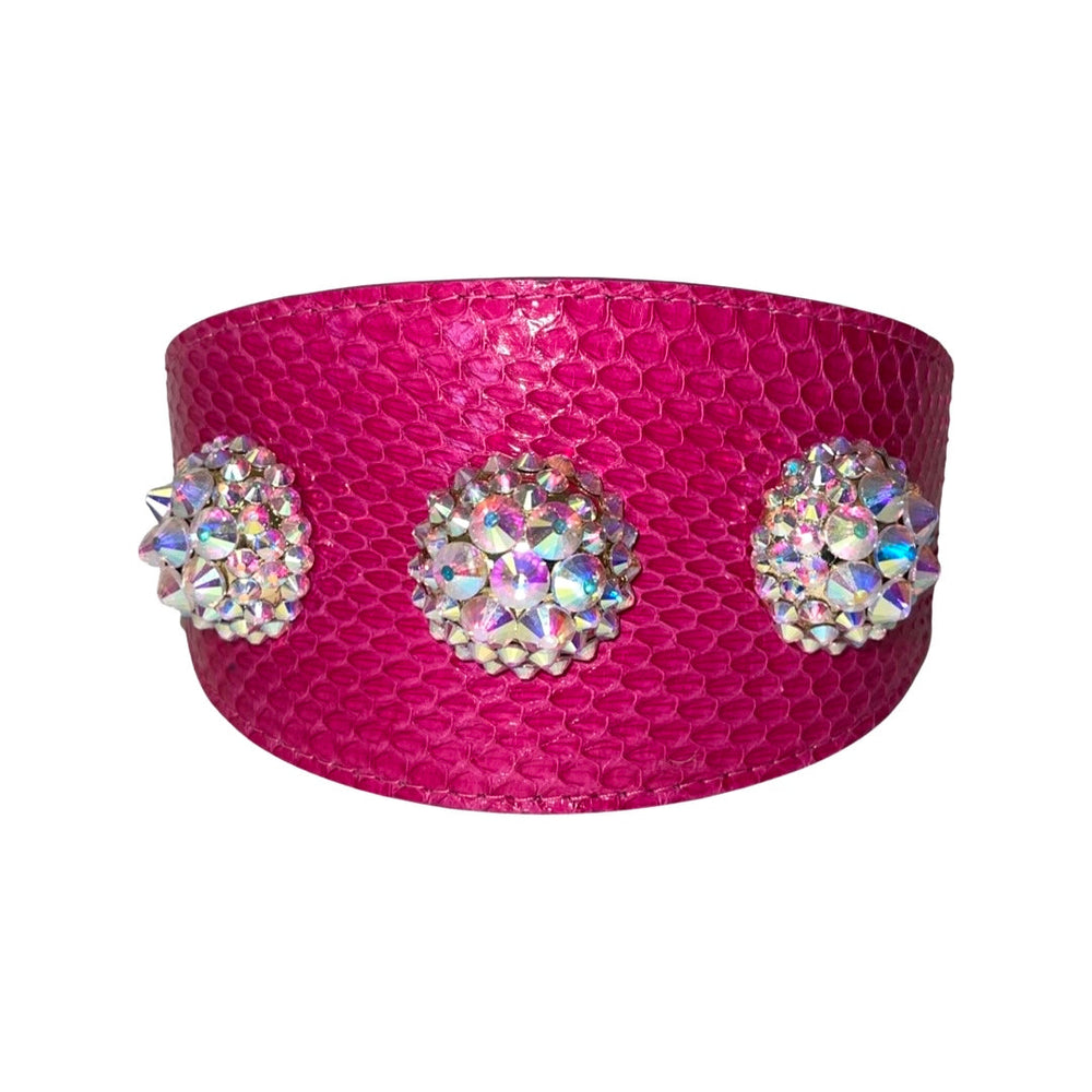 Fuchsia snake-patterned wide leather collar detailed with three custom Swarovski crystal rivets