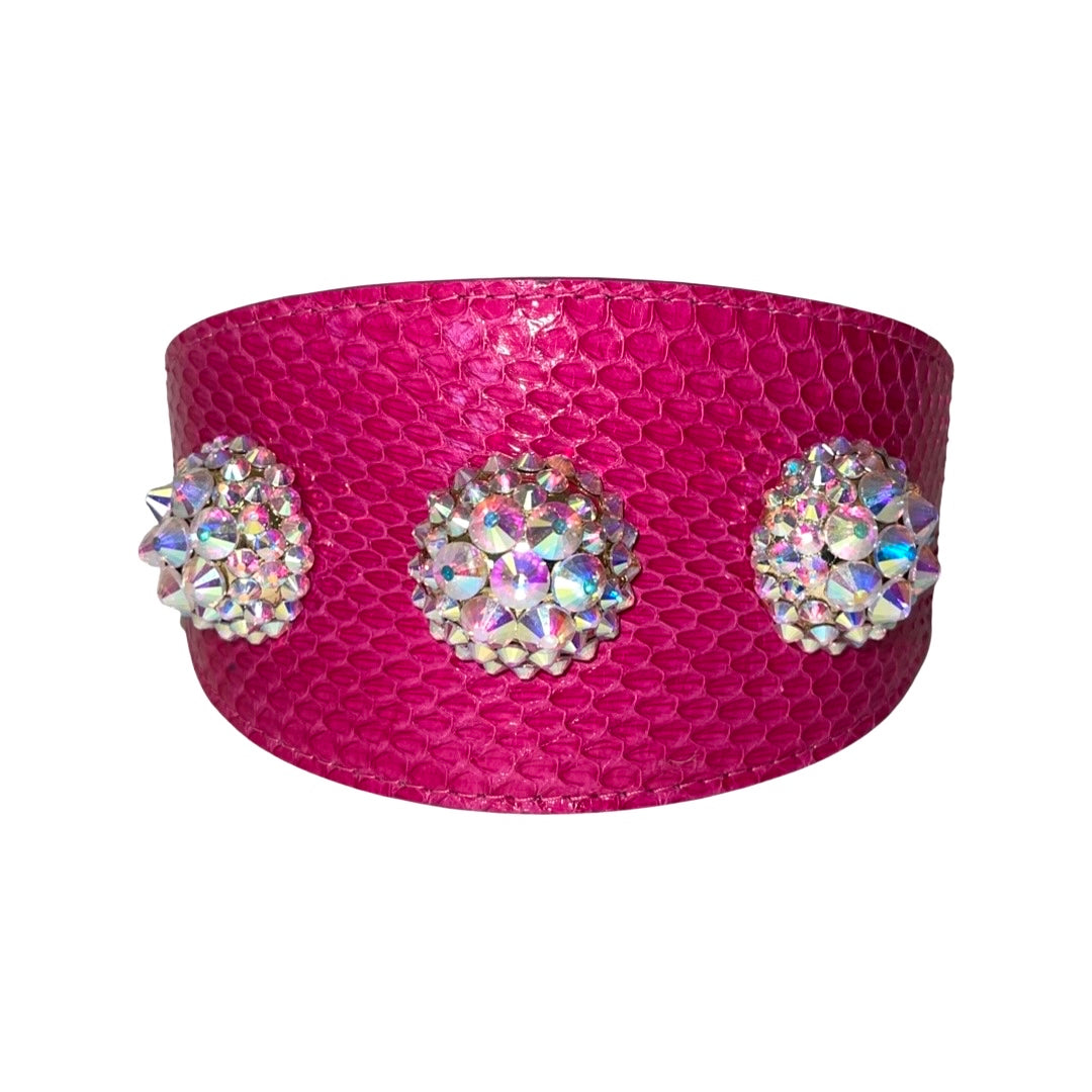 Fuchsia snake-patterned wide leather collar detailed with three custom Swarovski crystal rivets