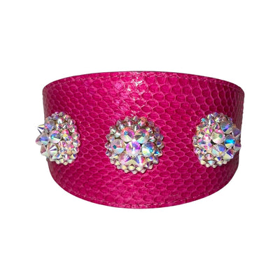 Fuchsia snake-patterned wide leather collar detailed with three custom Swarovski crystal rivets
