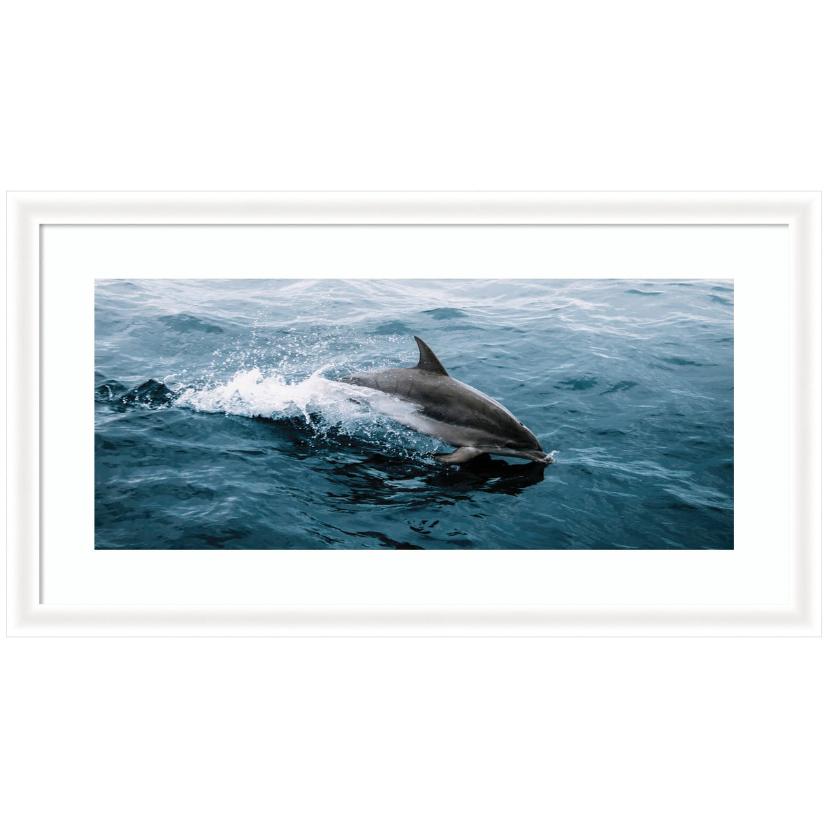 Dolphin breaking the ocean surface, creating splashes in deep blue water, framed in white with a wide panoramic view.