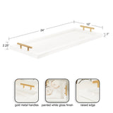 Rectangular white gloss tray with gold metal handles, raised edges, and dimensions labeled 24 by 10 by 1 inches, shown on white background.