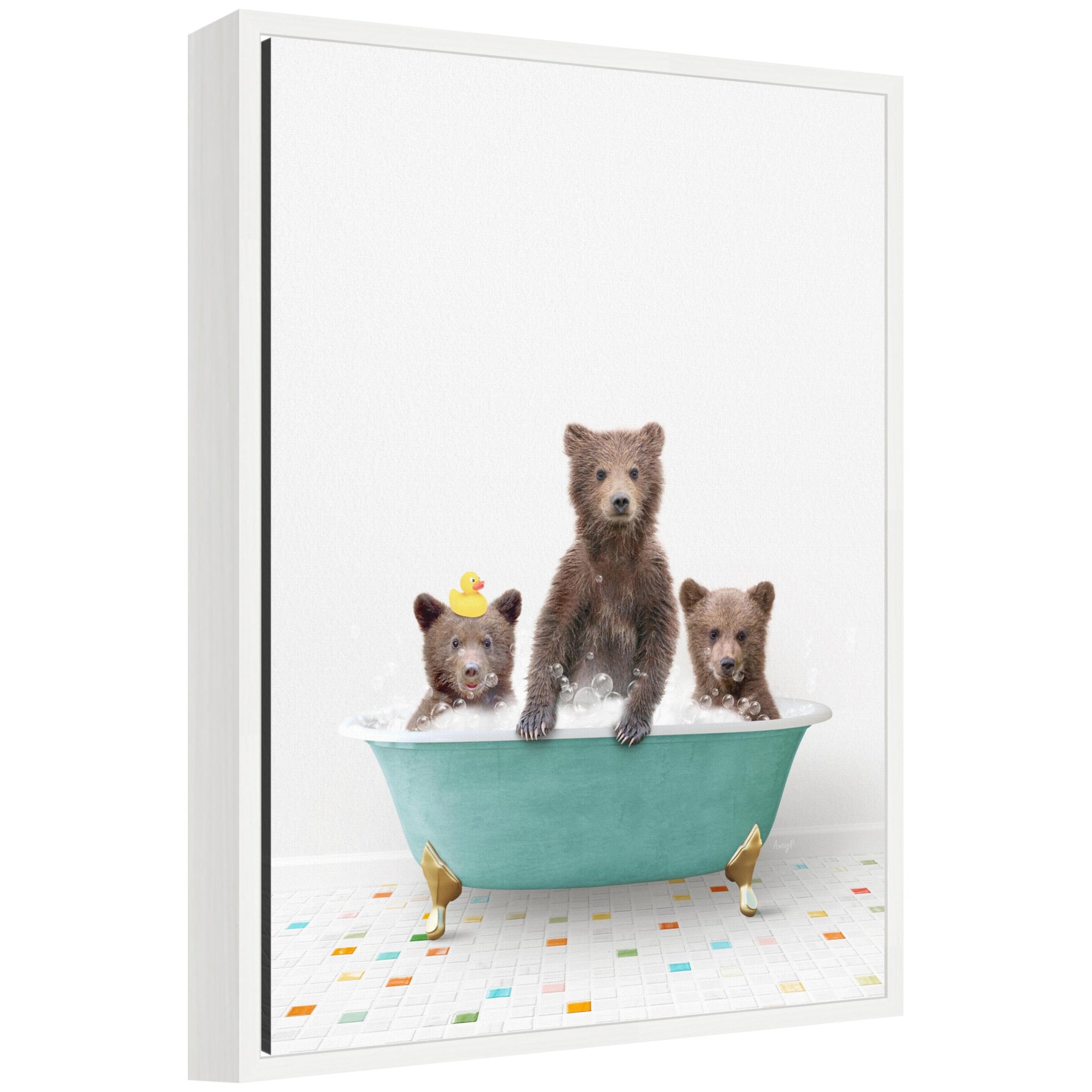 Framed canvas art featuring three bear cubs sitting in a teal bathtub against a colorful tile background