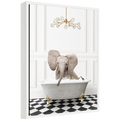 Framed canvas art showing an elephant sitting in a gray bathtub on a black and white checker floor