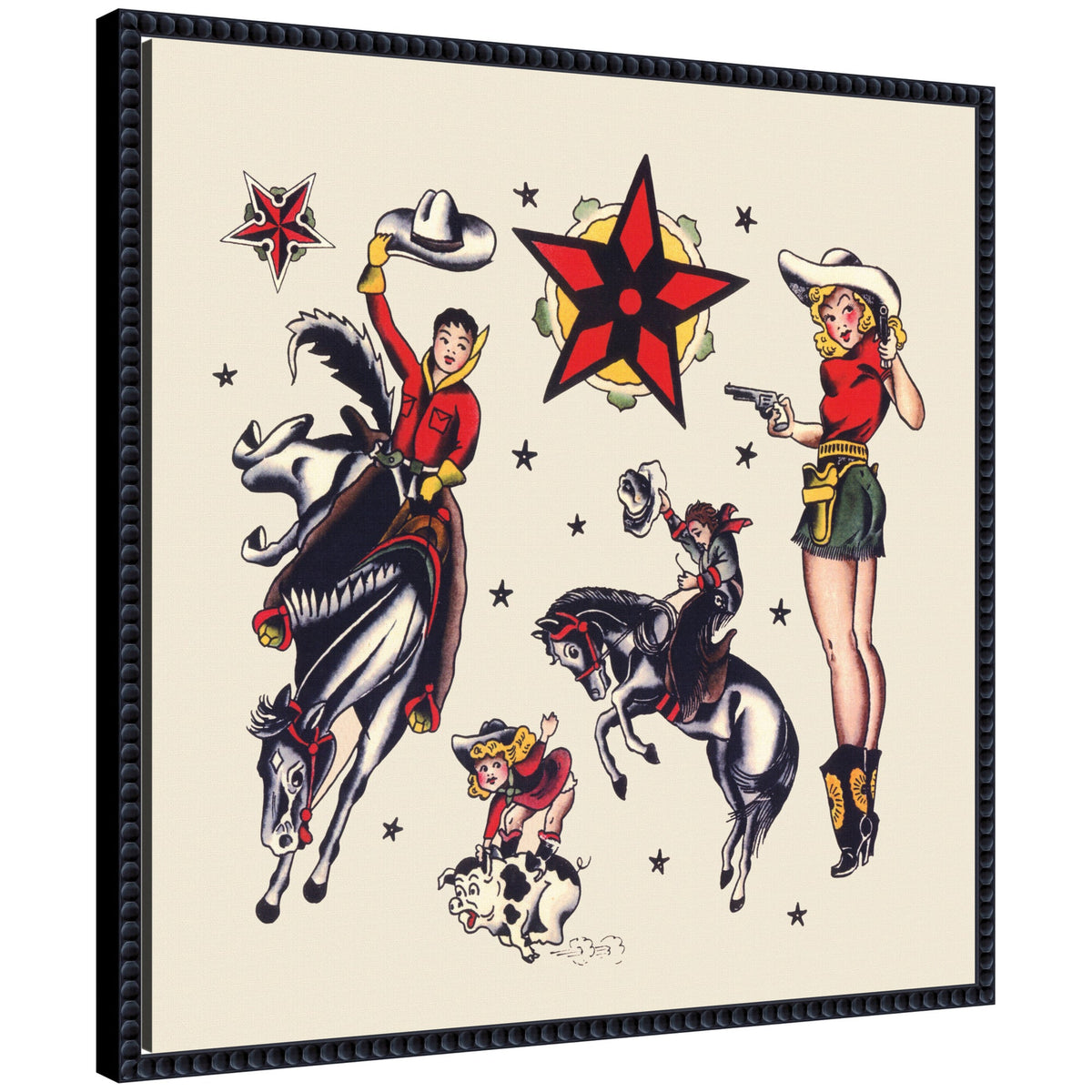 Vintage Rodeo Illustration framed canvas print by Corinna Buchholz in Sylvie Beaded Black frame