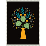 Simplified floral arrangement with yellow flowers, green leaves, and blue foliage in a yellow vase on a black background with a white decorative frame.