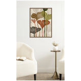 Abstract botanical wall art with olive green, rust orange, and gray leaf-like shapes on a beige background in a dark wooden frame above a pair of white textured armchairs and a brass side table with a white vase.