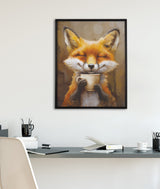 Framed painting of a smiling orange fox holding a white coffee cup, hanging on a white wall above a modern desk setup with books and stationery.