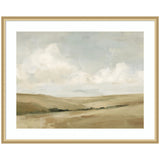 Softly textured painting of rolling beige fields under a pale blue sky with fluffy white clouds, accented by a few dark green clusters of trees.
