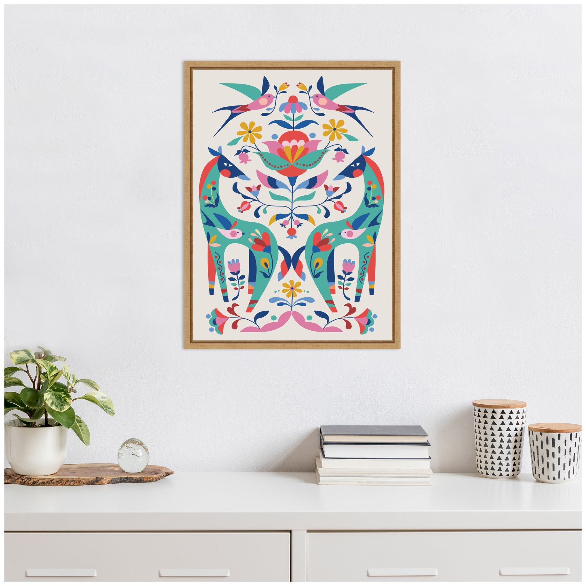 Sylvie Folk-Art Horses and Birds Framed Canvas by Rachel Lee