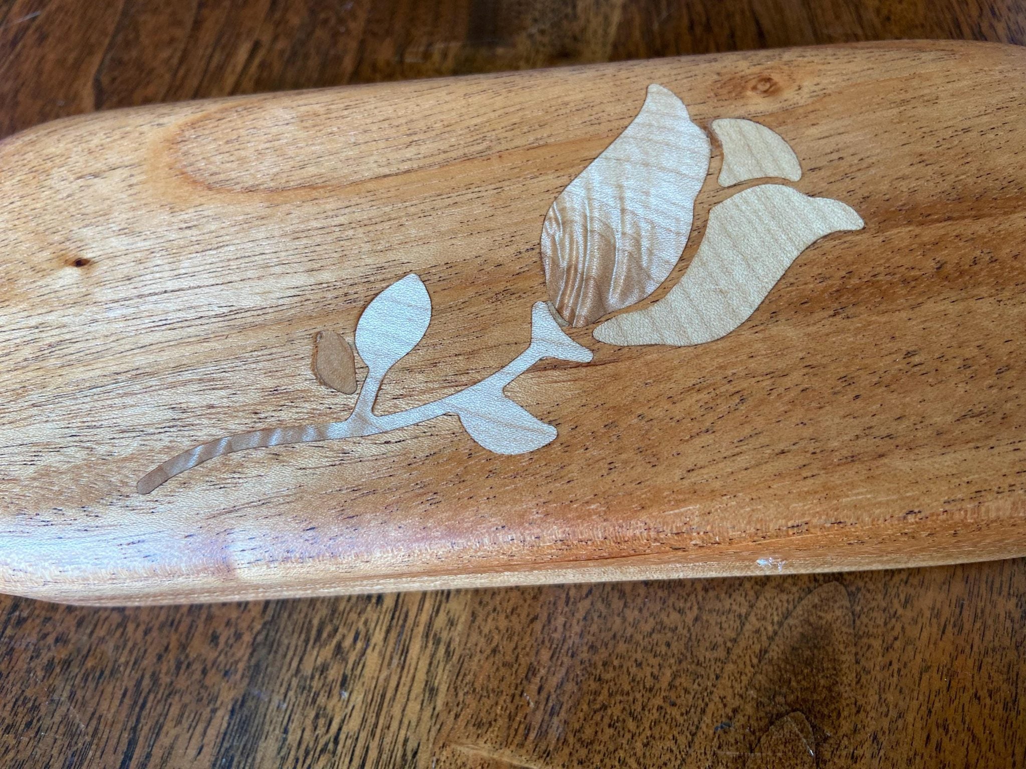 Handcrafted hardwood keepsake box with wood inlay, 8.25 by 3.25 inches