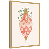 Illustration of a pink and gold vintage style Christmas ornament with green leafy accents, displayed in a natural wood frame on a light background.
