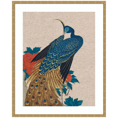 Framed art print of Peacock and Peonies 1840 by Utagawa Hiroshige with neutral linen vintage frame
