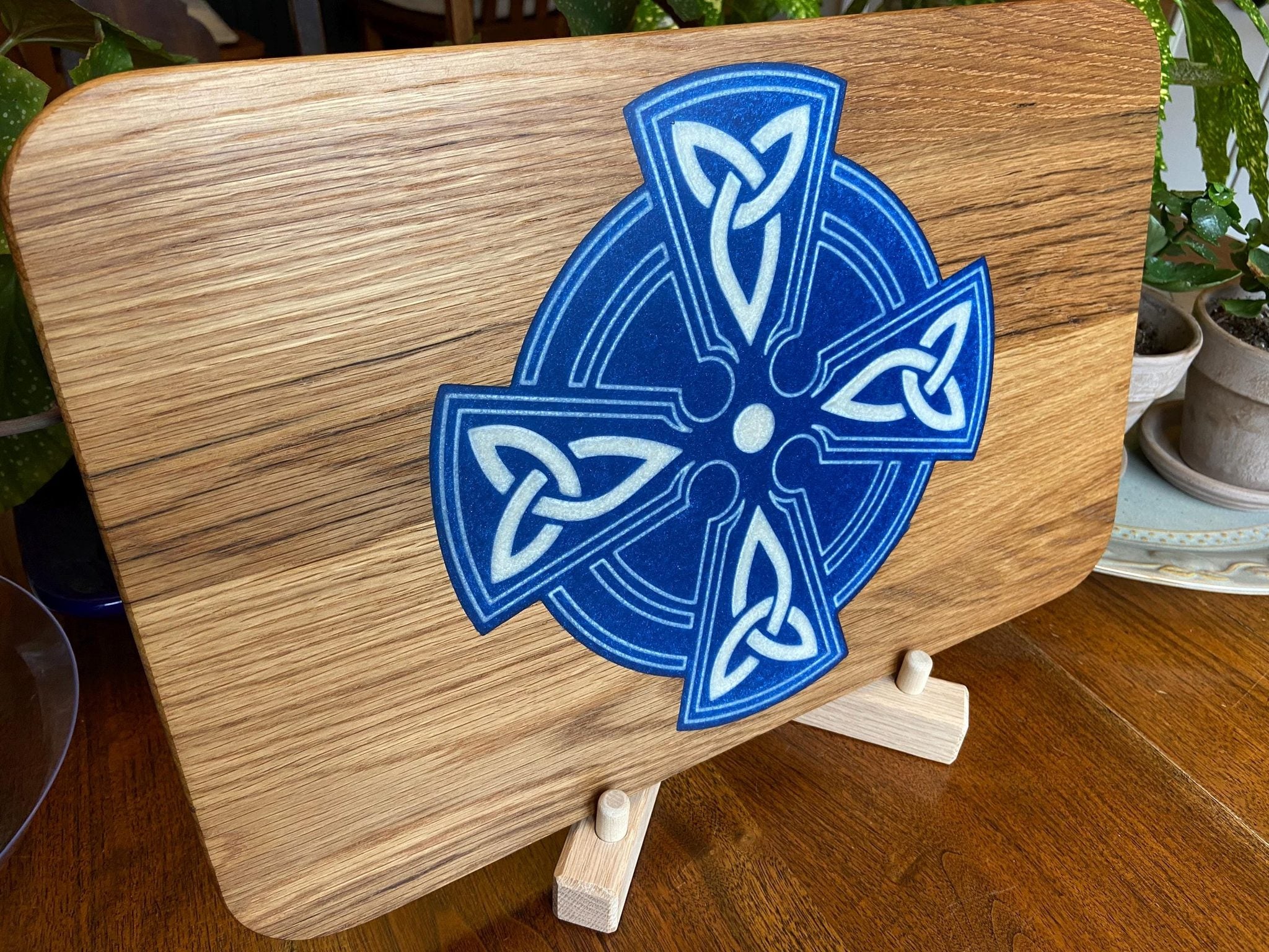 Handmade white oak charcuterie board with Celtic Cross resin inlay