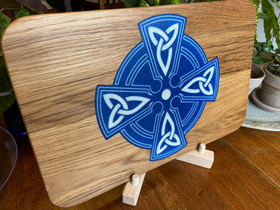 Handmade white oak charcuterie board with Celtic Cross resin inlay