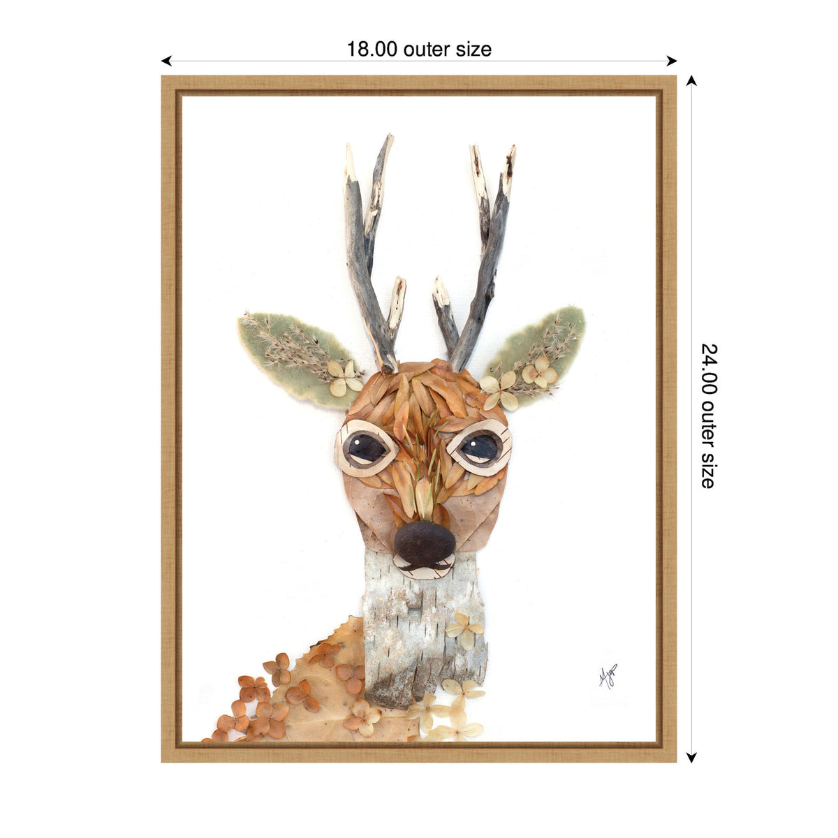 Canvas wall art print depicting a stylized buck's head with large eyes, textured brown fur, and green leafy antlers, framed in light wood measuring 18 by 24 inches.