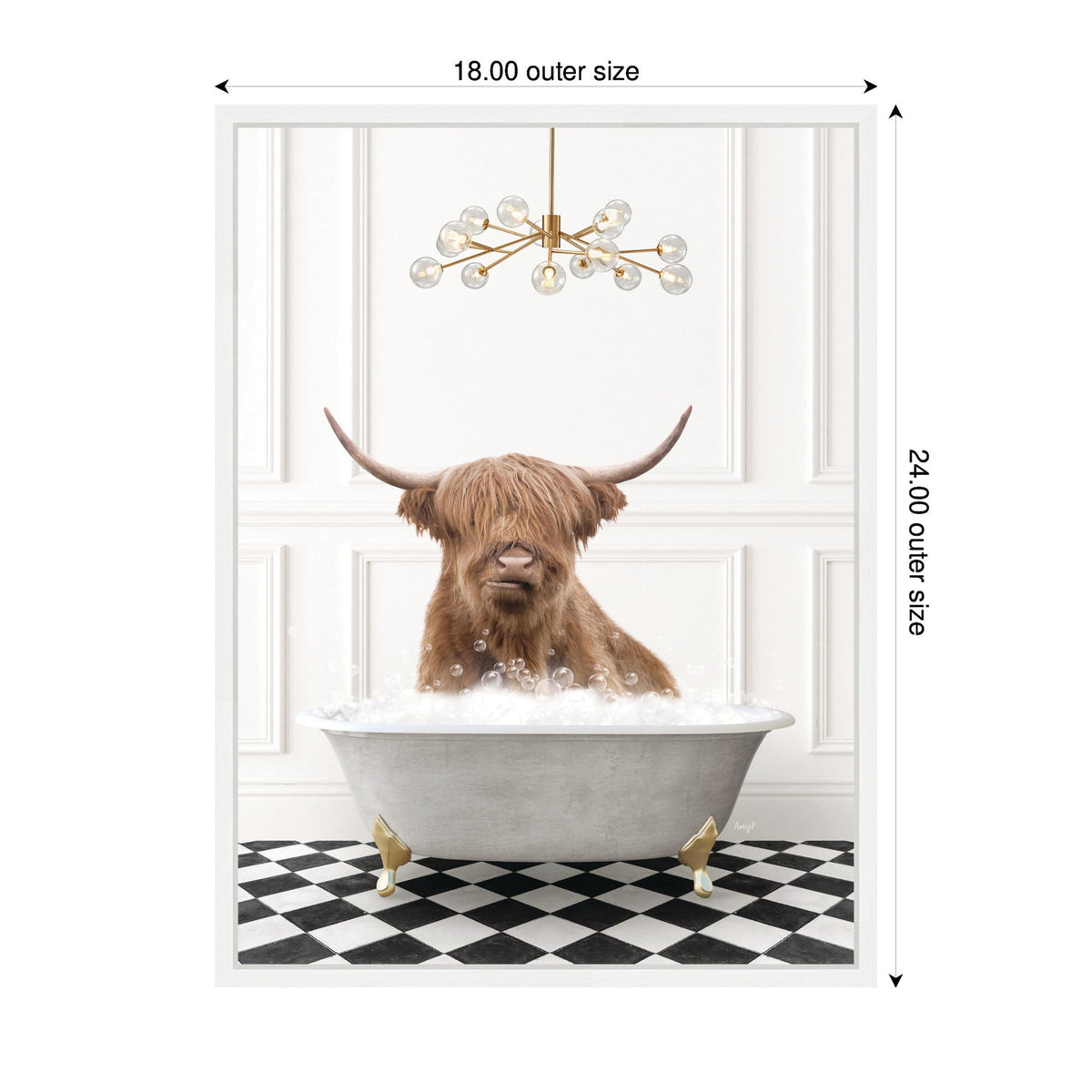 Highland cow with shaggy hair bathing in a vintage white clawfoot tub filled with bubbles, set on black and white checkerboard floor beneath a modern chandelier.