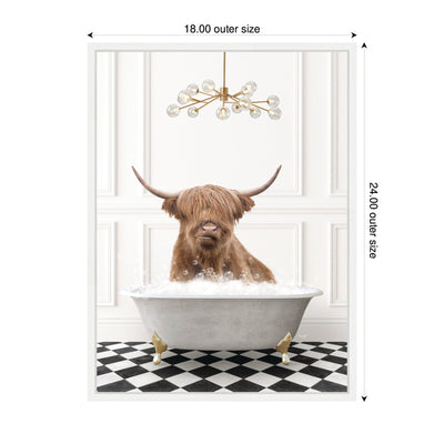 Sylvie Highland Cow in Gray Bathtub Checker Floor Framed Canvas by Amy Peterson