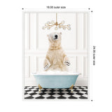 Polar bear standing in an aqua blue clawfoot bathtub filled with bubbles on a black and white checkerboard floor, under a modern gold chandelier.