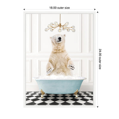 Sylvie Polar Bear in Blue Bathtub on Checker Floor Framed Canvas by Amy Peterson