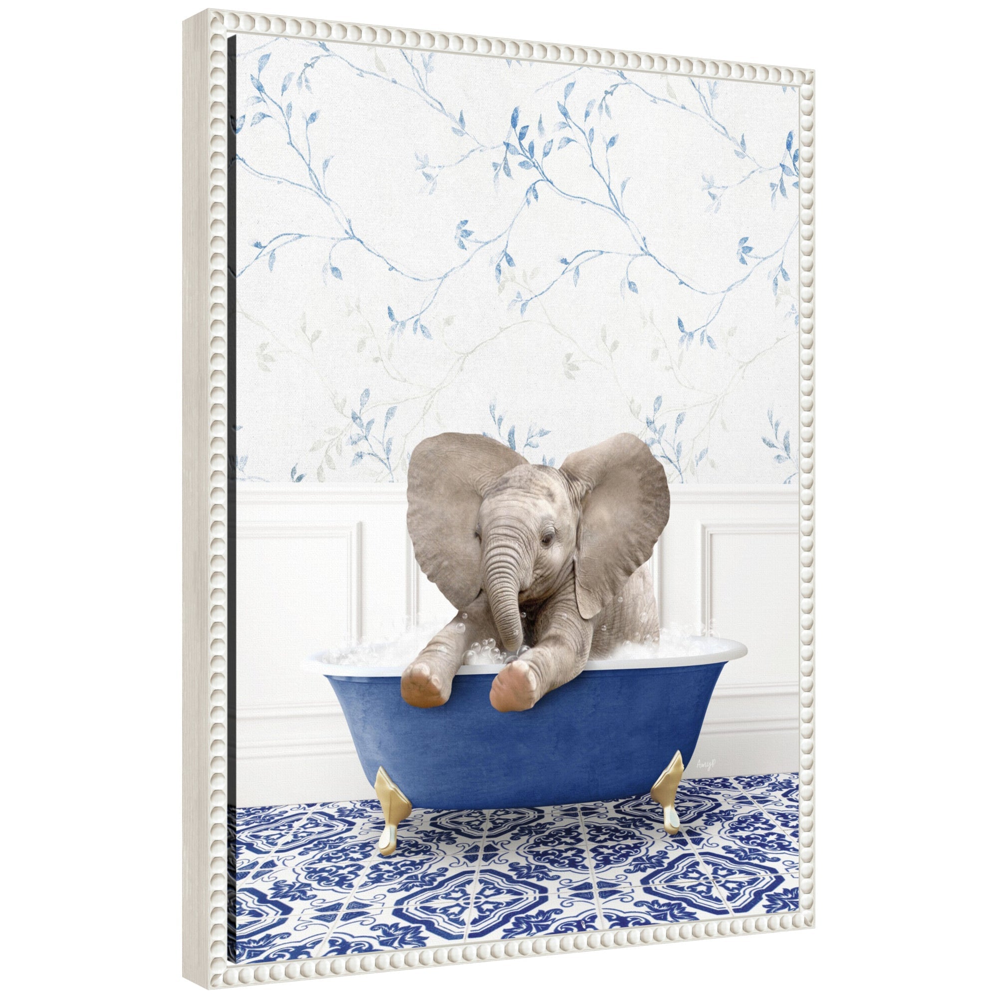 Framed canvas art of a baby elephant with eclectic blue bath colors