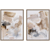 Two abstract framed canvases featuring soft beige, taupe, black, and gray brushstrokes with fine scribbled lines on white backgrounds, arranged side by side.
