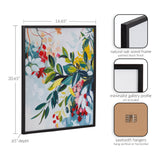 Framed botanical abstract print with jewel tones of green, yellow, red, and pink leaves on soft blue-gray background, natural oak frame with black finish
