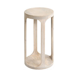 Cylindrical wooden drink table with a round top and bottom connected by four vertical supports, featuring a light natural wood finish and smooth, rounded edges.