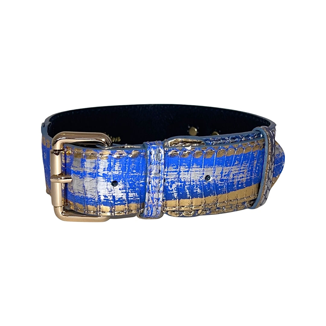 Classic collar featuring a multi-color blue, silver, and gold snake pattern with gold hardware.