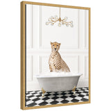 Framed canvas art showing a cheetah lounging in a gray bathtub on a black-and-white checker floor