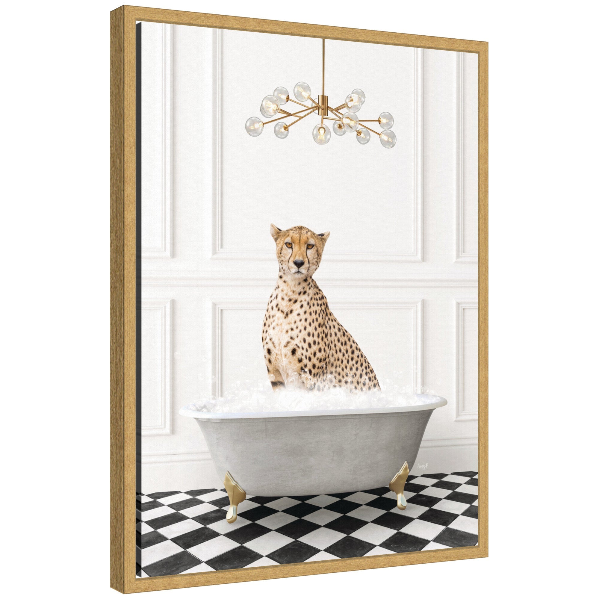 Framed canvas art showing a cheetah lounging in a gray bathtub on a black-and-white checker floor