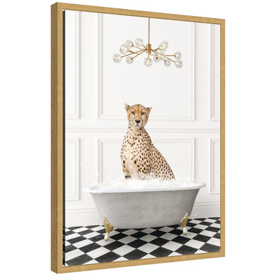 Framed canvas art showing a cheetah lounging in a gray bathtub on a black-and-white checker floor