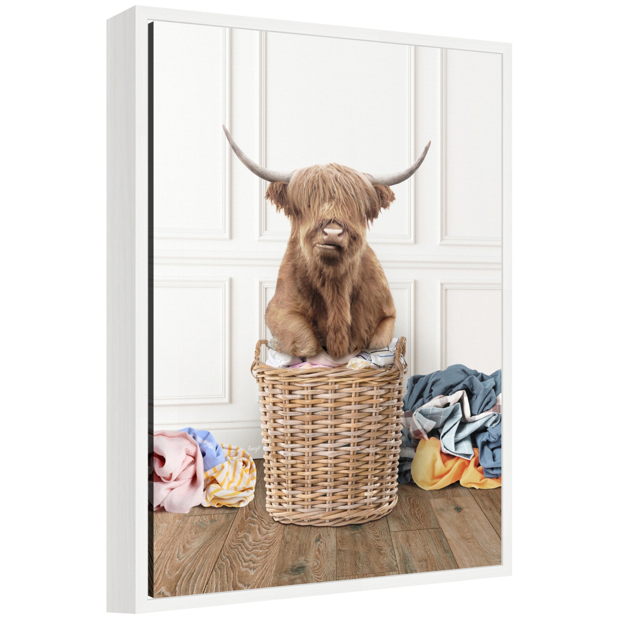 Sylvie Highland Cow Traditional Laundry Framed Canvas by kateandlaurel - main product image for Resin Society